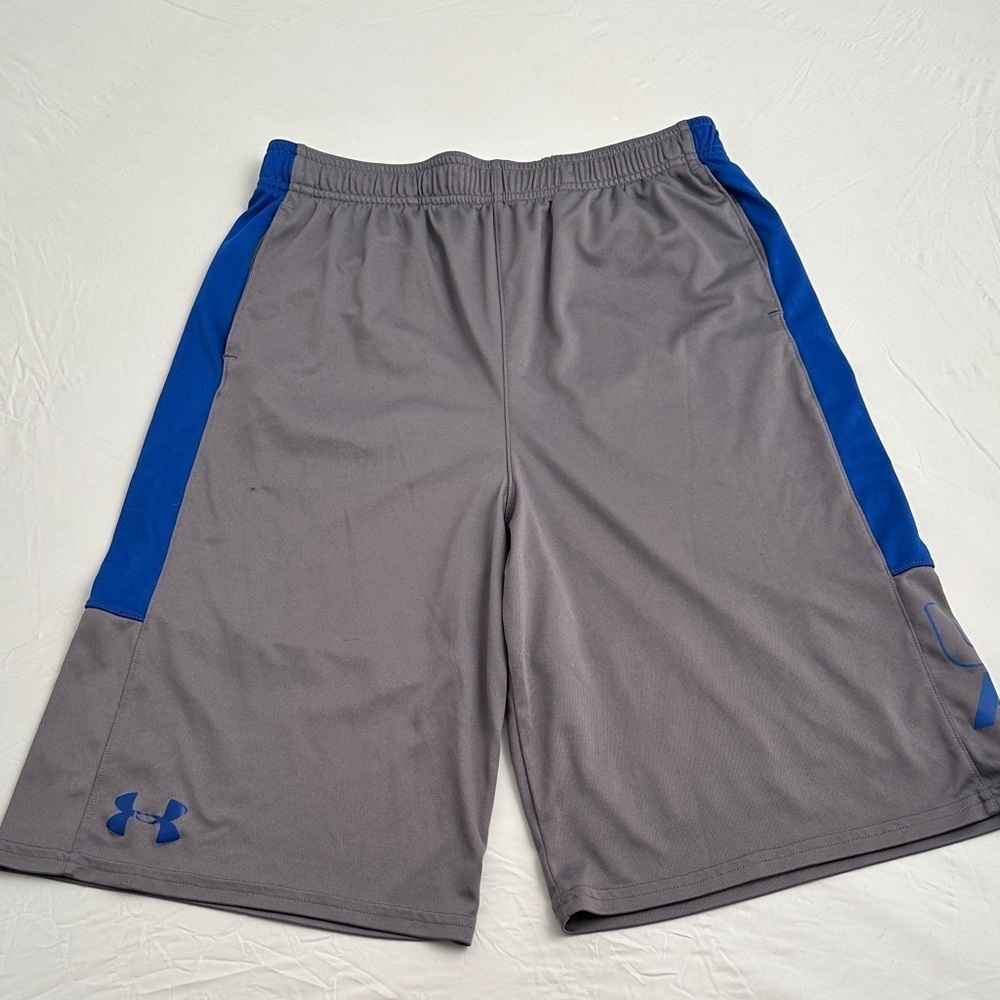 Under Armour gray and blue logo athletic shorts with pockets